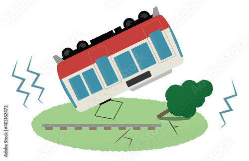 地震の被害に遭う電車のベクターイラスト