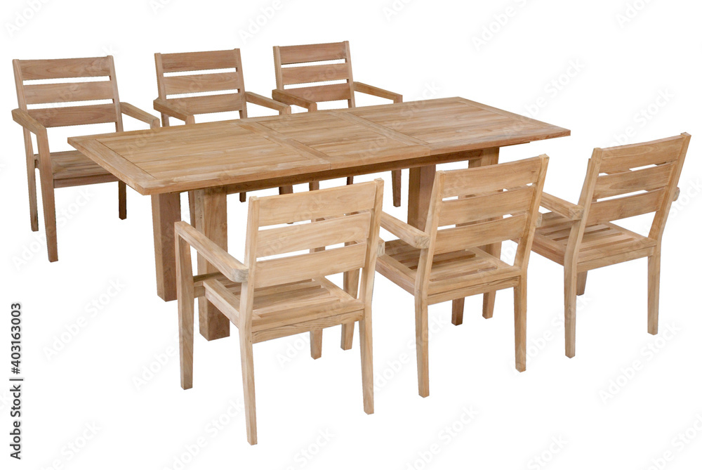 Teak garden set isolated in white background, Set of Outdoor furniture with chairs and table in outdoor Teak garden set isolated in white background, Set of Outdoor furniture with chairs and table in outdoor