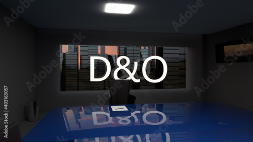 D and O. Directors and officers liability Insurance concept. Director's office with a large table and skyscrapers outside the window. 3d rendering