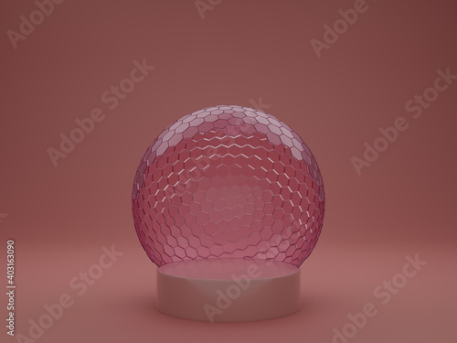 Mock-up transparent glass dome. dome cover podium for exhibition, protection barrier. 3d rendering.