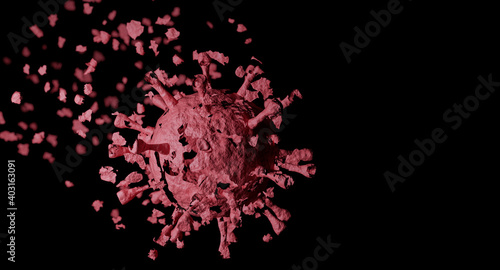 Eliminate of coronavirus. Corona virus breaking up into pieces. Treatment, vaccine or drug concept. 3D rendering.
