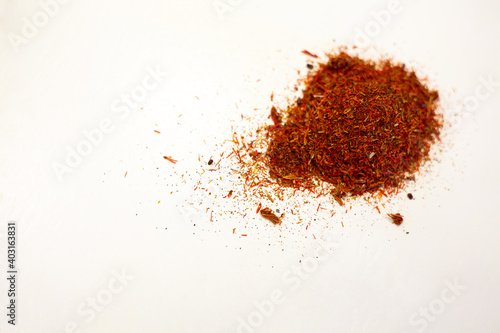Dry saffron. Spices for dishes. White background.