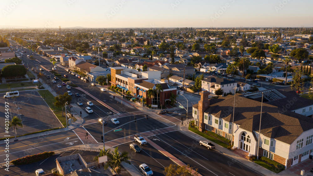 Fototapeta premium Sunset aerial view of the downtown district of Westminster, California, USA.
