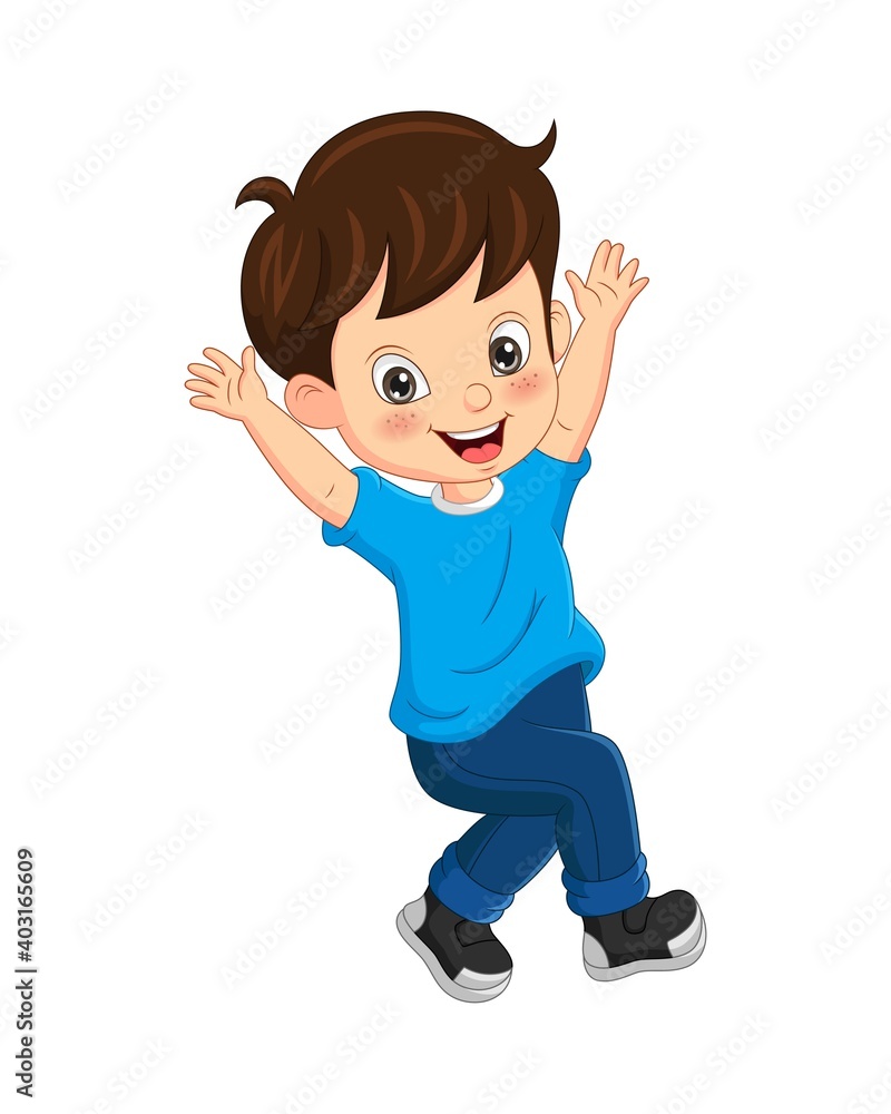 Cartoon funny boy raised his hand Cartoon funny boy raised his hand