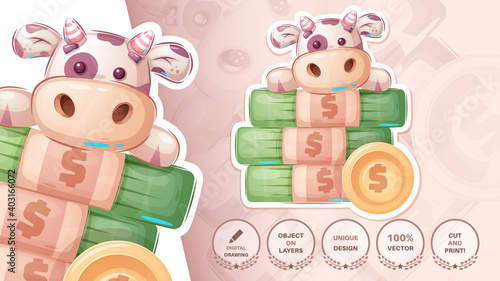 Cow with money - cute sticker photo