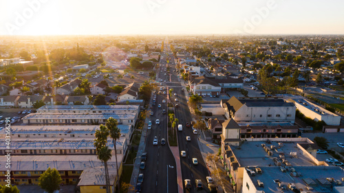 Sunset aerial view of the downtown district of Westminster, California, USA.