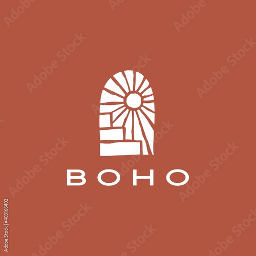 boho niche door stair sun logo vector icon illustration
