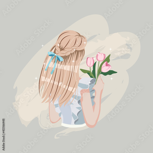 Cute woman braid hairstyle with ribbon. Lovely straight hair. Pretty feminine girl clip art for scrapbook or card design.
