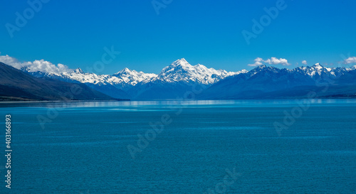 The mighty Mount Cook & the stunning Lake Pukaki The blue color of Lake Pukaki is due to fine glacial flour in the water. 