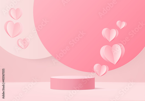3d background products valentine podium in love platform. heart background vector 3d rendering with cylinder. podium stand to show cosmetic products. Stage romance showcase on pedestal pink studio