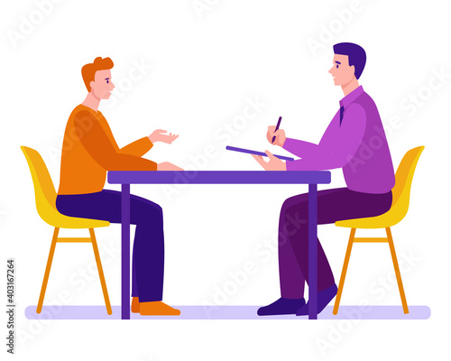 Two men are interviewed at the table. Employment process, candidate selection, journalistic interview. Vector concept in flat cartoon style. Isolated on white background.