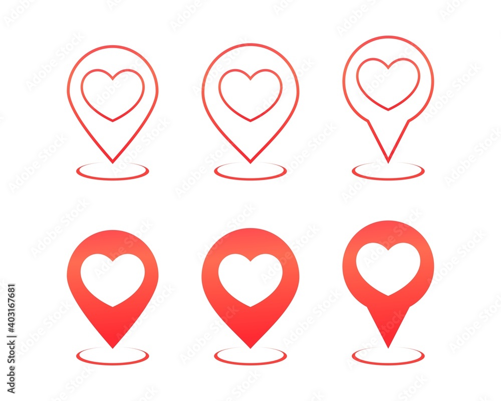 Set of map pointer with love. Red location pin icon with heart shape. Valentine location. Illustration vector