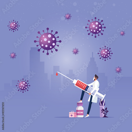Concept about a vaccine for new virus and coronavirus outbreak, Doctor carrying big syringe with vaccine fighting to a coronavirus outbreak 