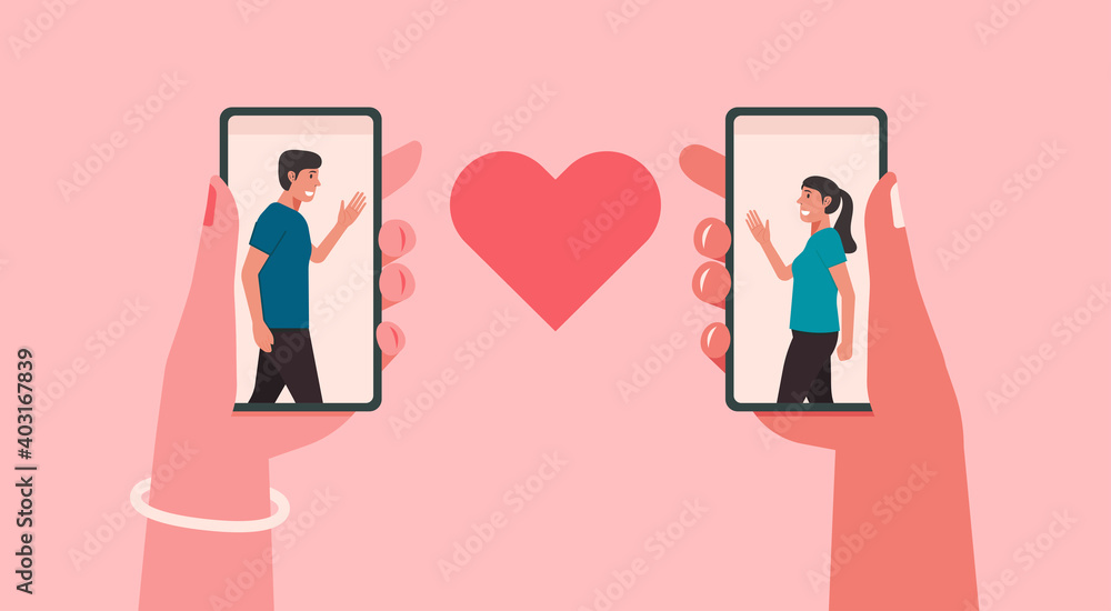 online dating or long distance relationship concept, human hands holding mobile with couple on screen app virtual love and heart shape between phone, vector flat illustration