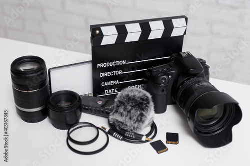 Canvastavla videography and photography equipment - modern dslr camera, lenses, filters, mic