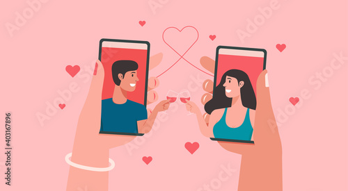 online dating or long distance relationship concept, human hands holding mobile phone with couple on screen app virtual love, vector flat illustration