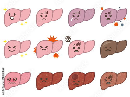 肝臓の病気を表情で表したイラストレーションセット