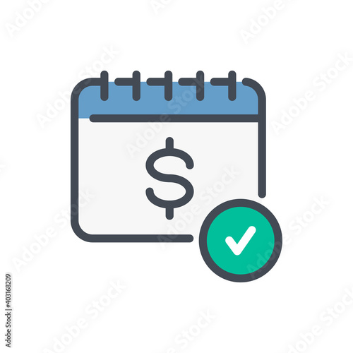 Financial planning and Pay day color line icon. Calendar with dollar and check mark vector outline colorful sign.