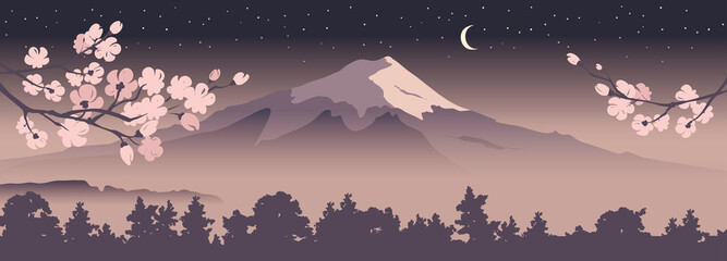 Leinwandbilder Aubergine Abstract landscape with mount fuji / Vector illustration, narrow background, blooming sakura, starlight night, japanese landscape  © imagination13