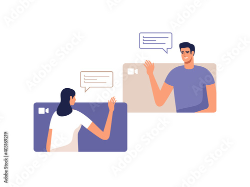 Young man and woman communicate online using a mobile devices. Concept of video call conference, remote working from home or online meeting. Vector illustration.