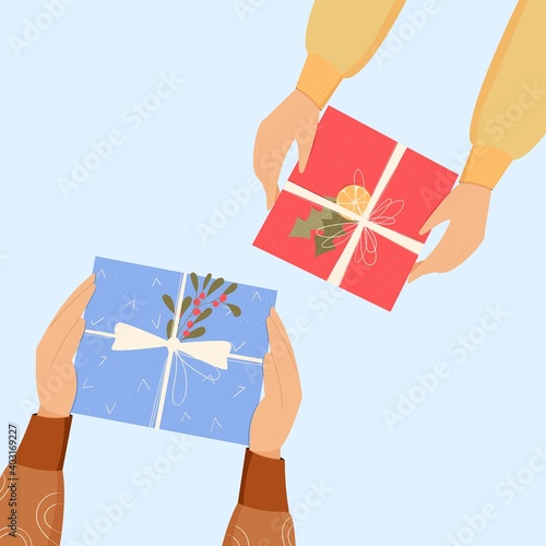 Hands holding christmas gifts. Vector illustration, christmas eve gift exchange