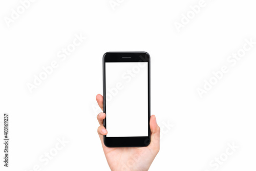 Hand holding smartphone mockup of blank screen on isolated. Take your screen to put on advertising.