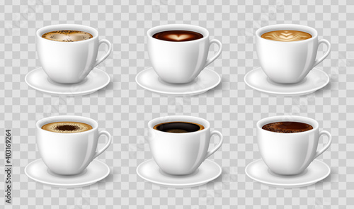 Black coffee, cappuccino, latte, espresso, macchiatto, mocha side view. 3D Vector illustration for mockups. Advertising For your design