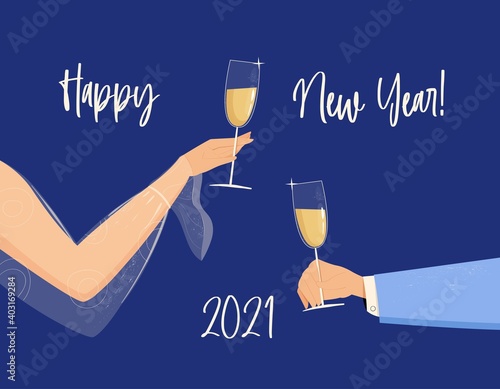 People hands holding champagne glasses celebrating new year and having fun. Vector illustration