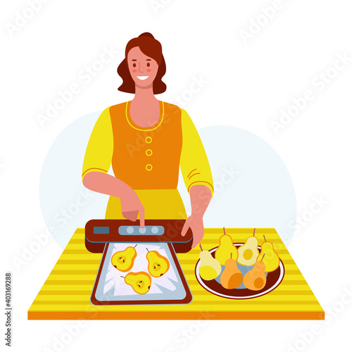 Young woman with a vacuum sealer. Vector concept of storage and preparation of products. Illustration in flat cartoon style.