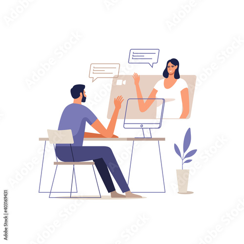Young man and woman communicate online using a mobile devices. Concept of video call conference, remote working from home or online meeting. Vector illustration.