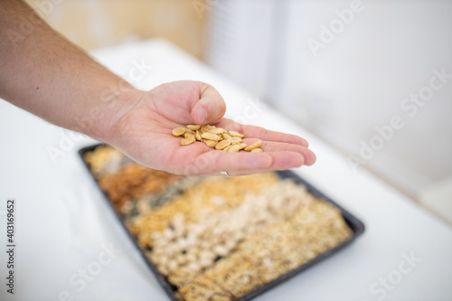 Male hand holding peanuts above a black tray with seeds and nuts