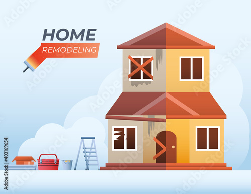 home remodeling before and after with tools ladder toolbox and bucket