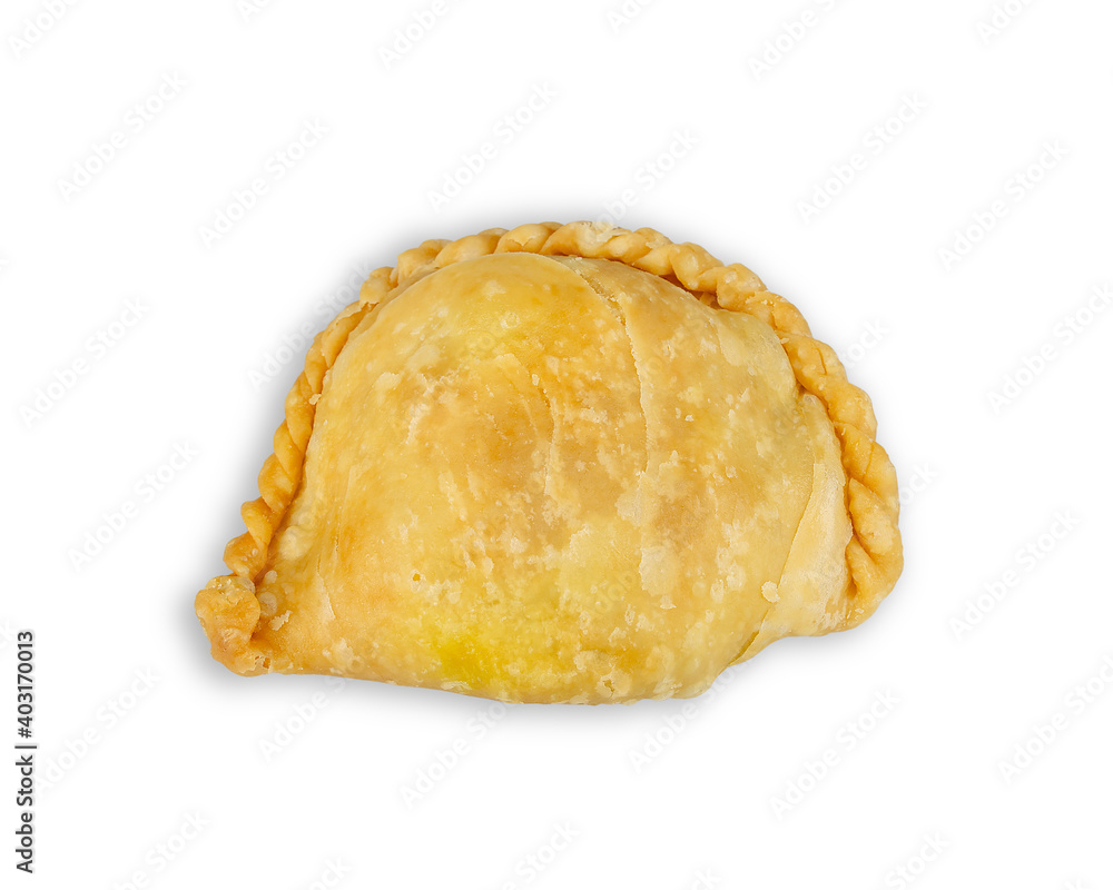 Top view of curry puff pastry isolated on white background with clipping paths. Top view of curry puff pastry isolated on white background with clipping paths.