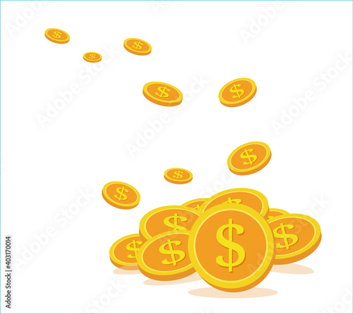 Business concept, Flying coins are collected in a large pile of gold. Business and finance management, make money. Flat style vector illustration.