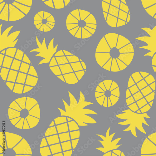 Pineapple seamless pattern. Hand drawn fresh slice of ananas. Vector sketch yellow and gray background. Color doodle wallpaper. Exotic tropical fruit