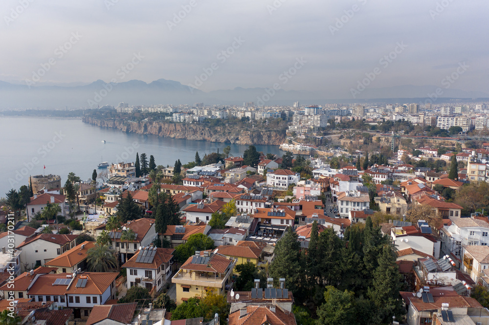 Aerial view of the Antalya city. Mediterranean sea, and the coast of Antalya. Old town Kaleici aerial drone shooting. TURKEY