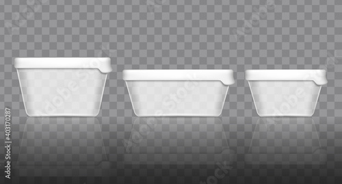 Yogurt container packaging mockup. Isolated realistic yoghurt mockup template packaging icon set different shapes and volume