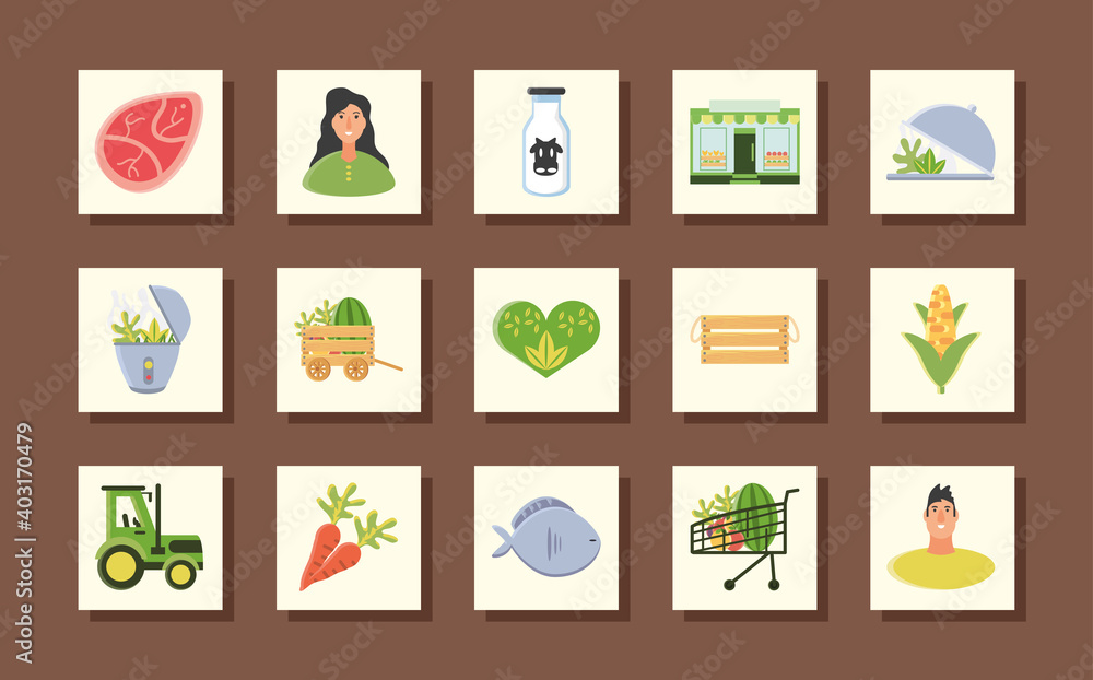 organic food icons collection beef steak tractor farm agriculture nature fruits and vegetables