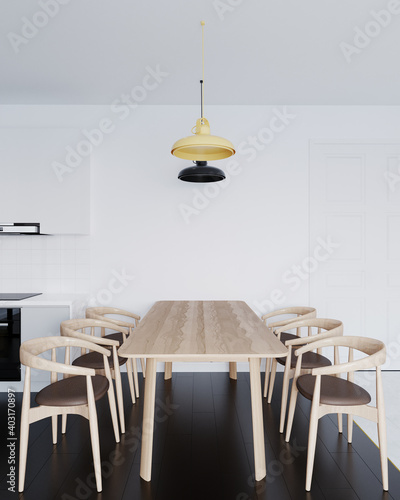 Dinning table and chair modern style in light kitchen. 3D illustration © polnon