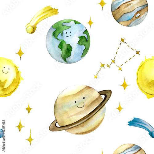 watercolor seamless pattern with planets and stars. cute print for kids smiling sun, moon, saturn. astranomy for children photo