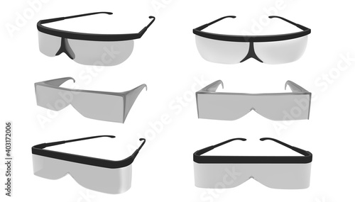 Vector set of industrial safety glasses isolated on white background. Work security and eye protection glasses. Realistic detailed 3d mockup template