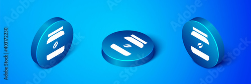 Isometric Coffee jar bottle icon isolated on blue background. Blue circle button. Vector Illustration.