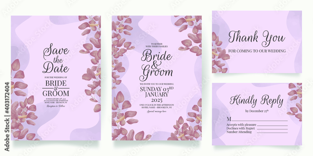 Wedding invitation card template set with watercolor background Wedding invitation card template set with watercolor background