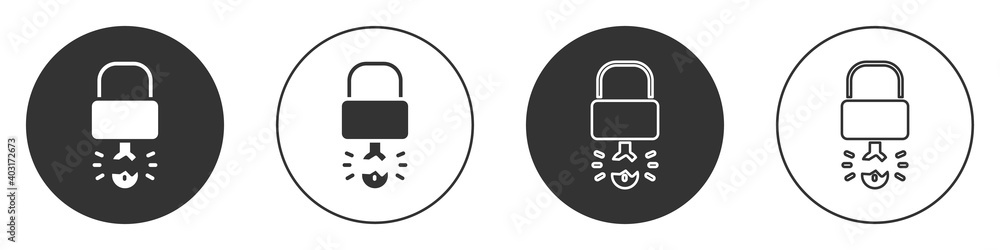 Black Key broke inside of padlock icon isolated on white background. Padlock sign. Security, safety, protection, privacy concept. Circle button. Vector Illustration. Black Key broke inside of padlock icon isolated on white background. Padlock sign. Security, safety, protection, privacy concept. Circle button. Vector Illustration.