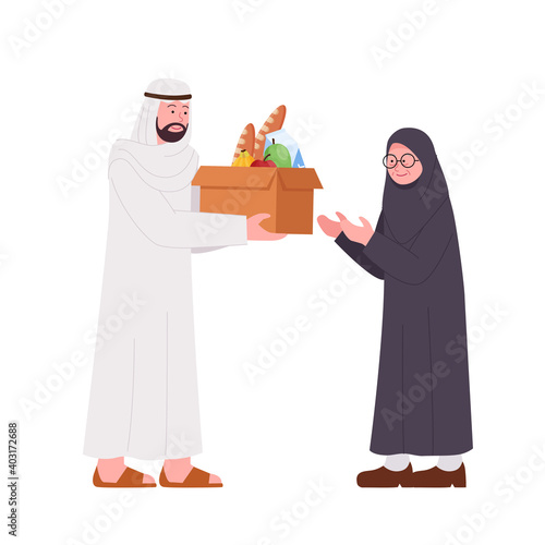 Arabian Man Giving Donation Box Food for Old Woman Illustration