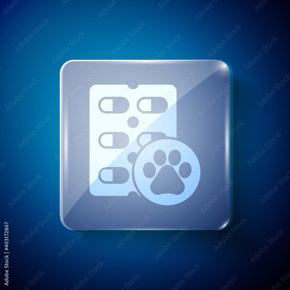 White Dog pill icon isolated on blue background. Prescription medicine for animal. Square glass panels. Vector. White Dog pill icon isolated on blue background. Prescription medicine for animal. Square glass panels. Vector.