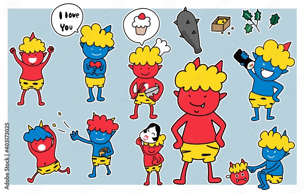 節分の鬼たちのかわいい仕草や表情のベクターイラスト Stock Vector Adobe Stock