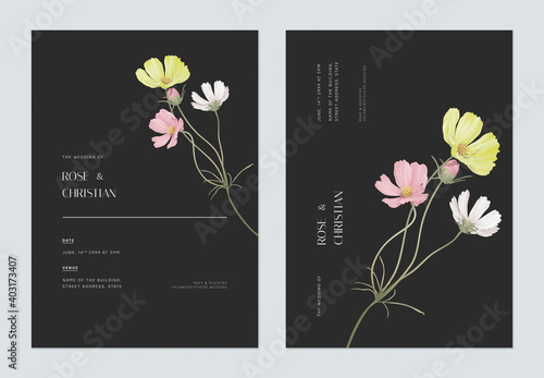 Minimalist floral wedding invitation card template design, various color of cosmos flowers bouquet on dark grey