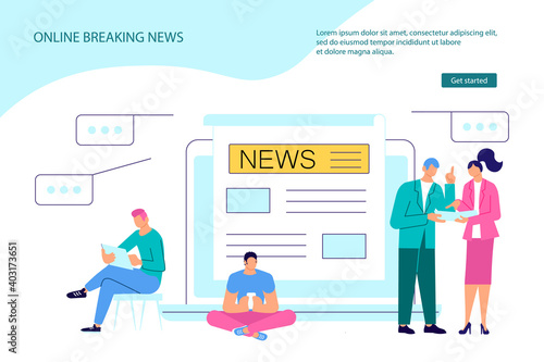 Landing webpage template of Online Breaking News. Business people reading Online Breaking News in Modern electronic devices. Flat line Art Vector Illustration