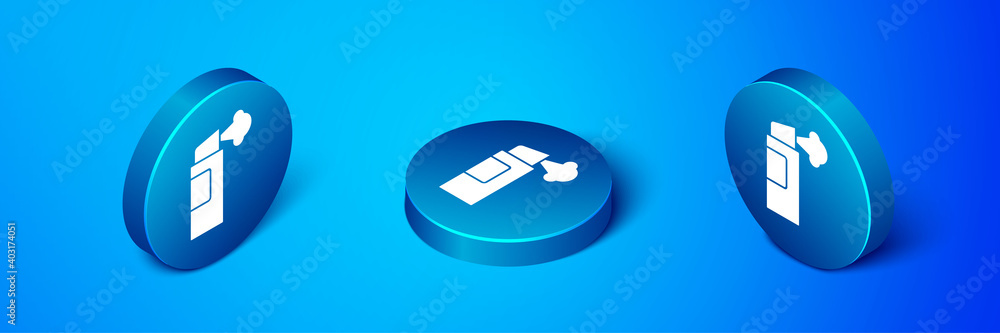 Isometric Pepper spray icon isolated on blue background. OC gas. Capsicum self defense aerosol. Blue circle button. Vector. Isometric Pepper spray icon isolated on blue background. OC gas. Capsicum self defense aerosol. Blue circle button. Vector.